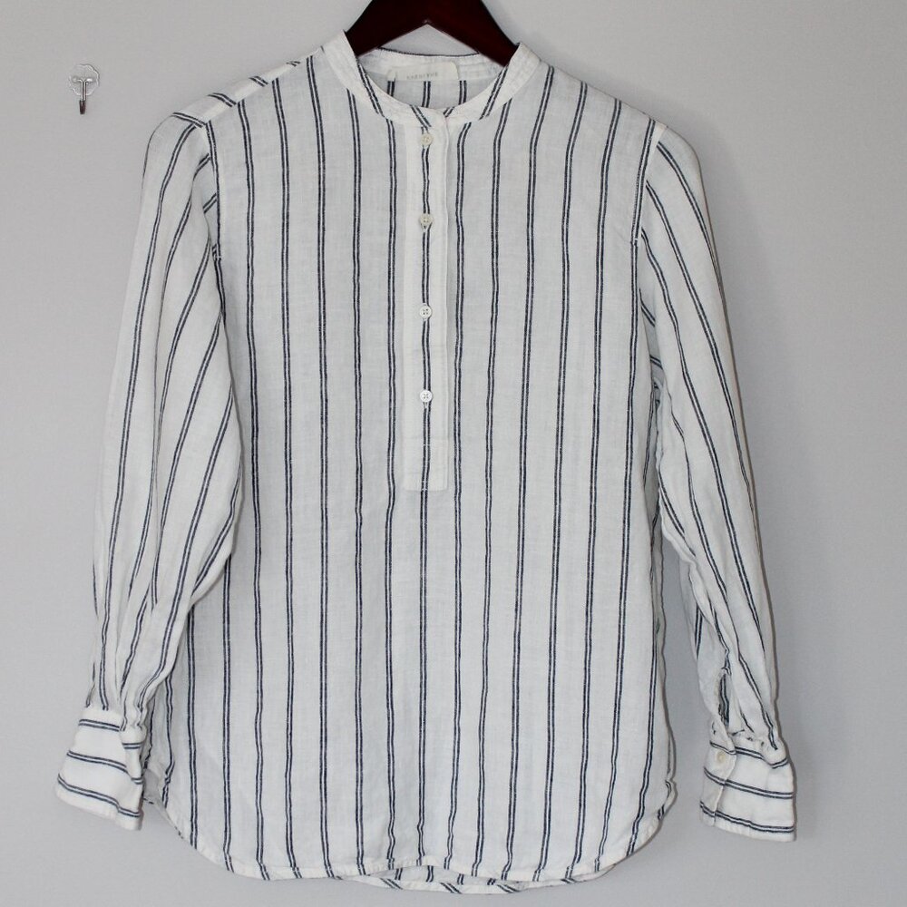 Everlane Striped Linen Henley Shirt White Navy Blue Size XS